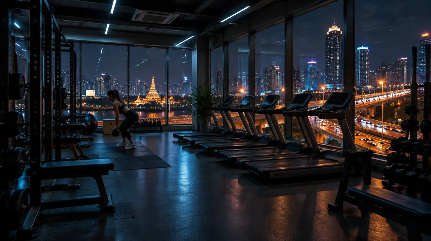 A modern gym at night with city lights through the windows