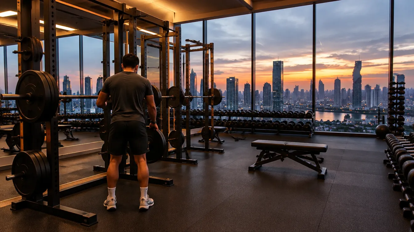 A modern gym high above Bangkok at dusk, with the skyline through the windows