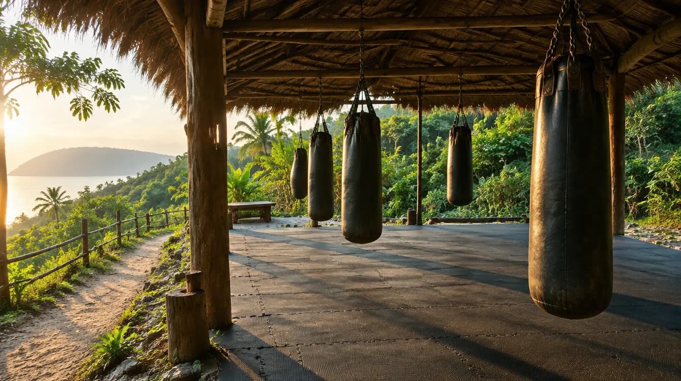Heavy bags under a thatched roof at an open-air Muay Thai camp on a quiet island