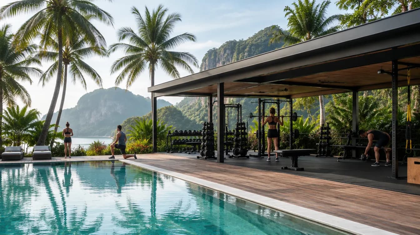 An open-air fitness club with a pool, palms and limestone hills on a Thai island