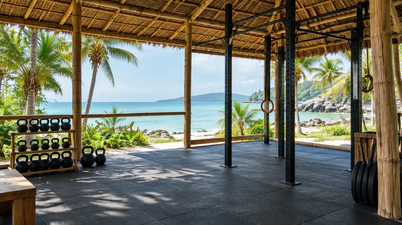 A beachside gym on Koh Samui with kettlebells and a view of the sea