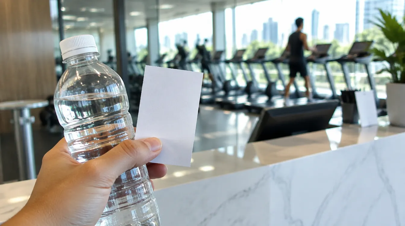 A hand holding a paper day pass at a gym reception counter