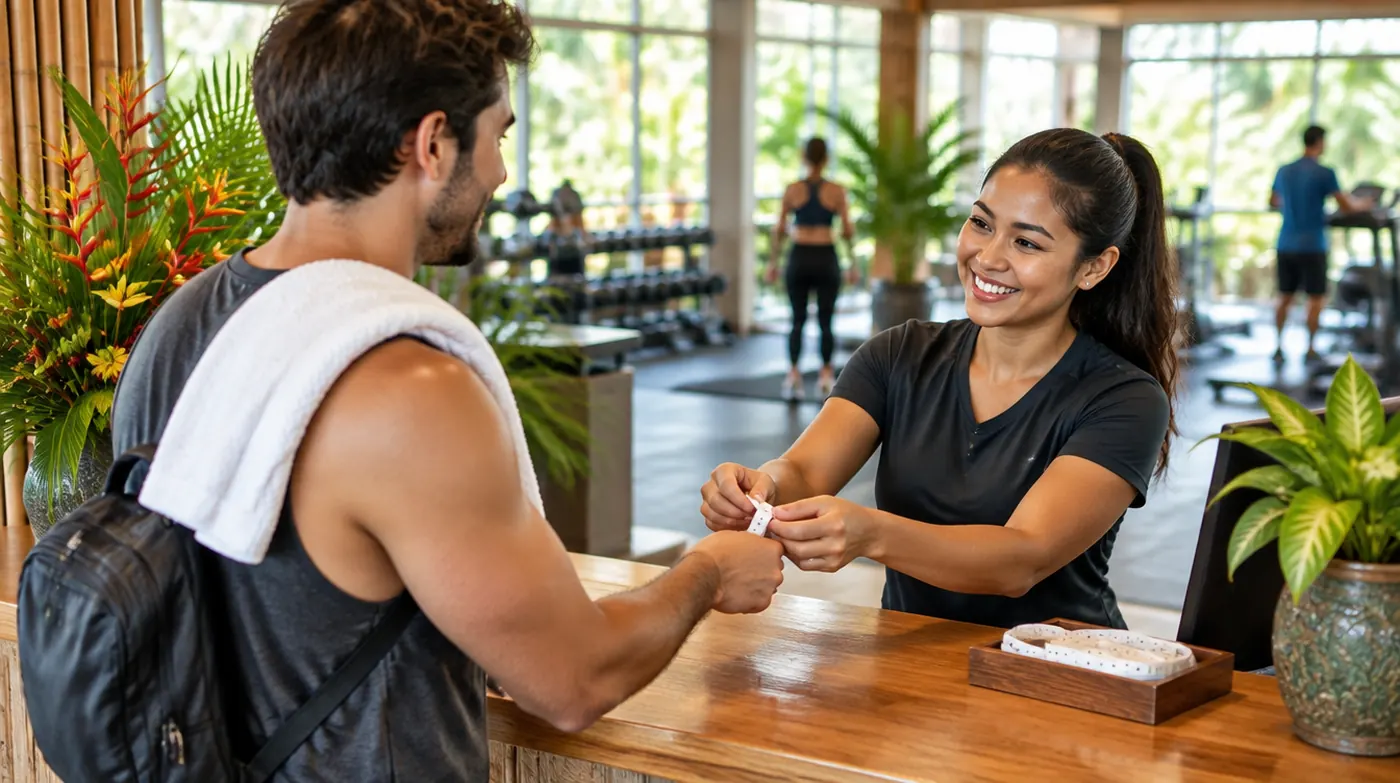 A traveler receiving a day pass at a gym reception in Thailand