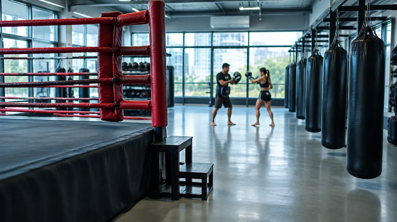 A boxing ring and heavy bags in a modern air-conditioned Muay Thai studio in Bangkok