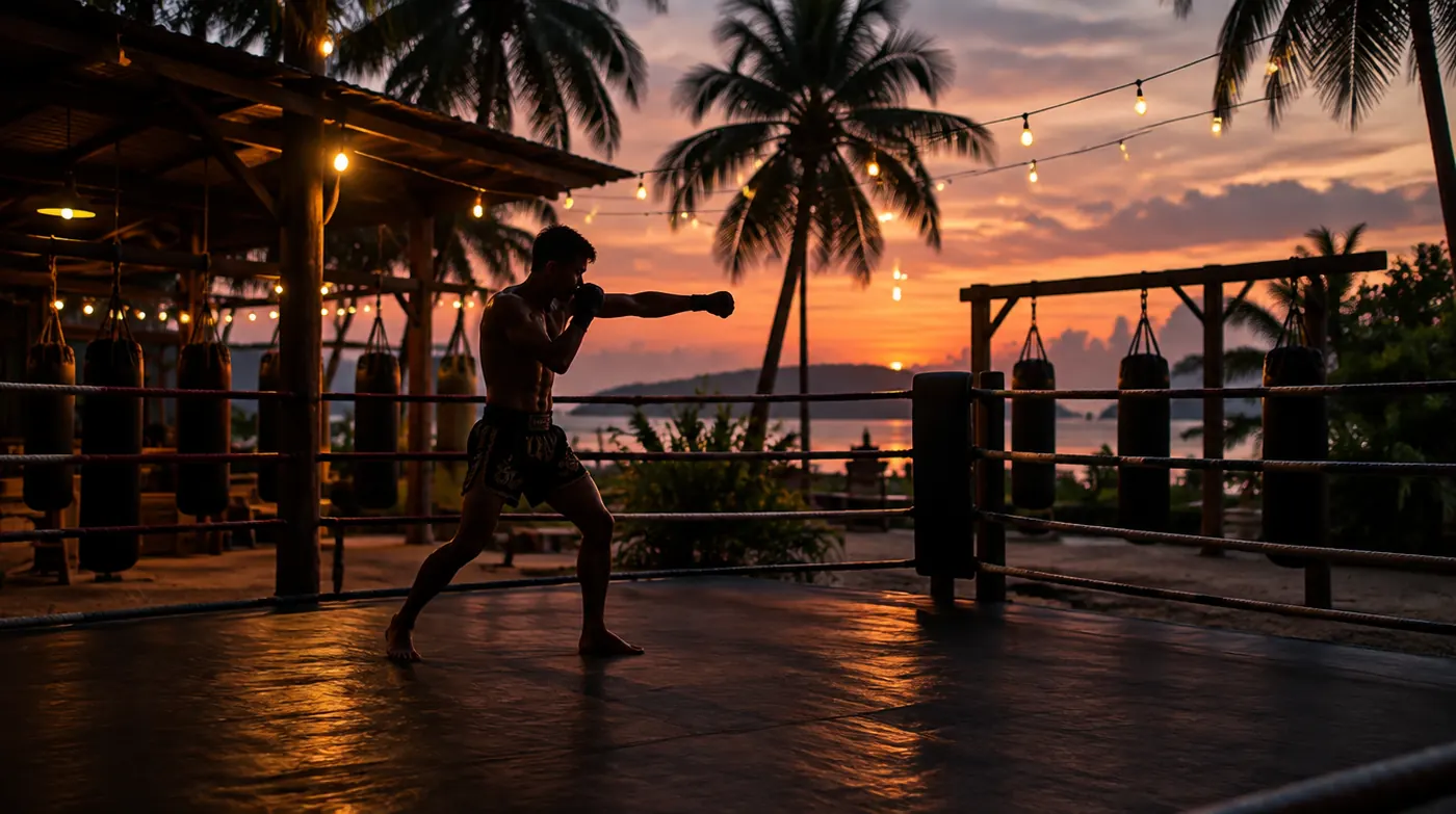 A fighter shadowboxing in an open-air Muay Thai camp at dusk